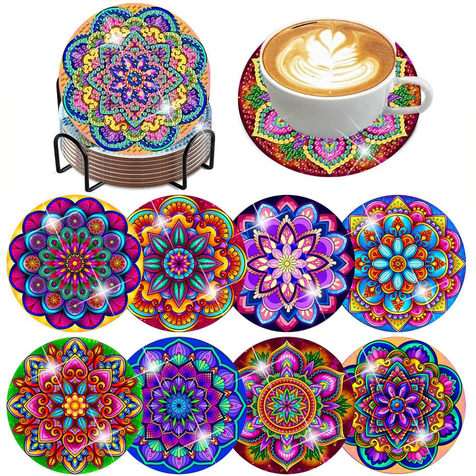 ijbnhd Mandala Diamond Painting Coasters Kit with Holder, DIY Diamond Art Coasters Cork Wooden Pad Board Double Layer is Strong and Wear-Resistant for Beginners Adults Art Craft Supplies Gift 4X4IN ijbnhd
