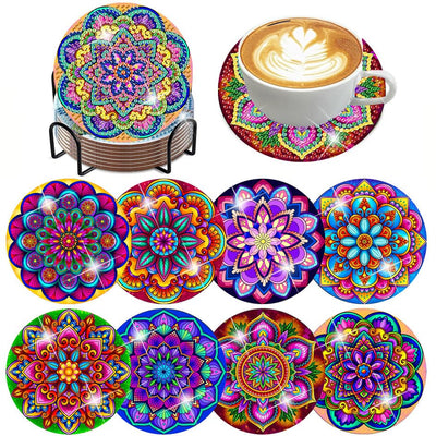 ijbnhd Mandala Diamond Painting Coasters Kit with Holder, DIY Diamond Art Coasters Cork Wooden Pad Board Double Layer is Strong and Wear-Resistant for Beginners Adults Art Craft Supplies Gift 4X4IN
