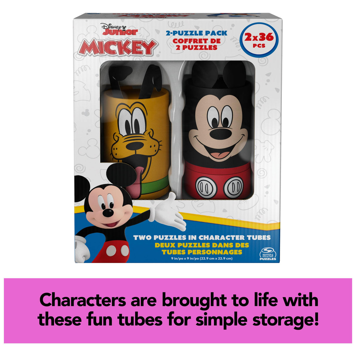 Disney Mickey Mouse, 2-Puzzle Pack 36-Piece Jigsaw Puzzles Storage Tubes Disney Toys Mickey Mouse Clubhouse Kids Puzzles Disney Gifts, for Ages 4 and up Spin Master Games