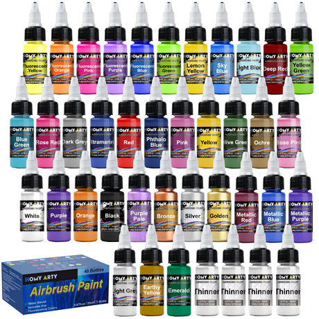 HOMY ARTY Airbrush Paint - 36 Colors with 4 Thinner, Ready to Spray Airbrush Paint Set, Water-Based Acrylic Air brush Paints for Metal, Plastic Models, Canvas, Wood - 40 Bottles HOMY ARTY