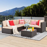 Vongrasig 6 Piece Patio Furniture Set, Small Outdoor Sectional Sofa Couch, All Weather PE Wicker L-Shaped Corner Patio Sofa Garden Backyard Patio Conversation Set w/Glass Table, Beige Vongrasig