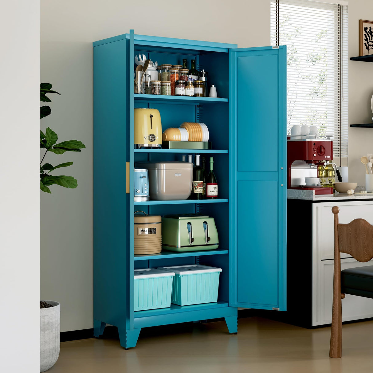 LCAOPC 71" Tall Metal Storage Cabinet with 2 Doors and 4 Adjustable Shelves, 5-Tier Kitchen Pantry Storage Cabinet for Kitchen, Living Room, Dining Room and Office, Blue LCAOPC