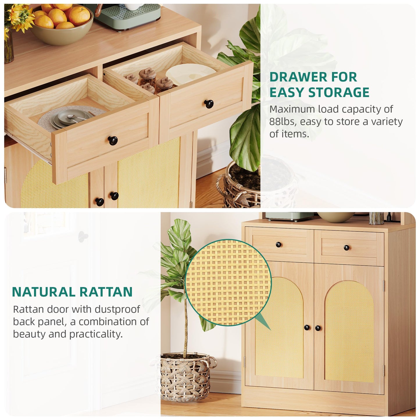 YITAHOME Yellow Oak Kitchen Hutch with Rattan Design, Coffee Bar Cabinet & Storage Solutions - Includes Power Outlet and Adjustable Shelves - WoodArtSupply