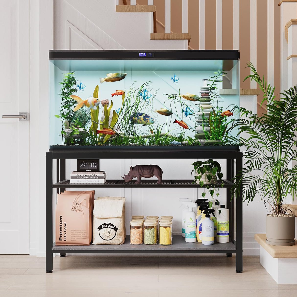 VOWNER 55-75 Gallon Fish Tank Stand - Metal Aquarium Stand, 48.4" L x 18.5" W x 29.5" H, Heavy Duty Reptile Tank Stand, Adjustable 3-Tier Fish Tank Rack Shelf for Home Office, 1000LBS Capacity, Grey VOWNER