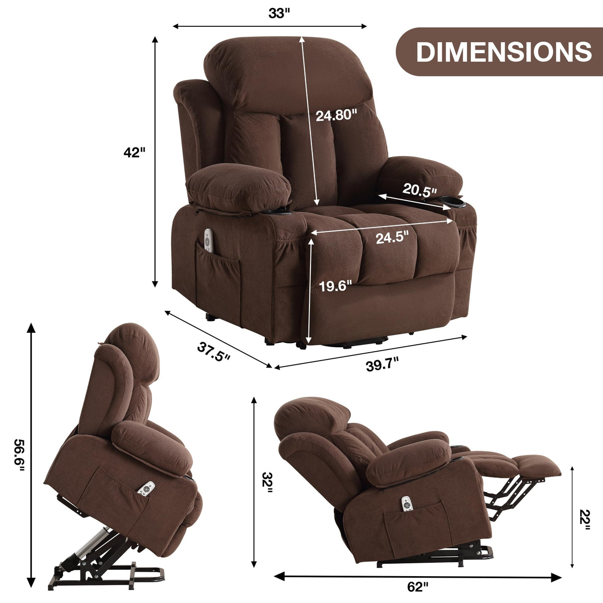 BOSMILLER Power Lift Recliner Chair with Heat and Massage Electric Fabric Recliner Chair for Elderly with Side Pocket, USB Charge Port, Remote Control for Living Room (Deep Brown) BOSMILLER
