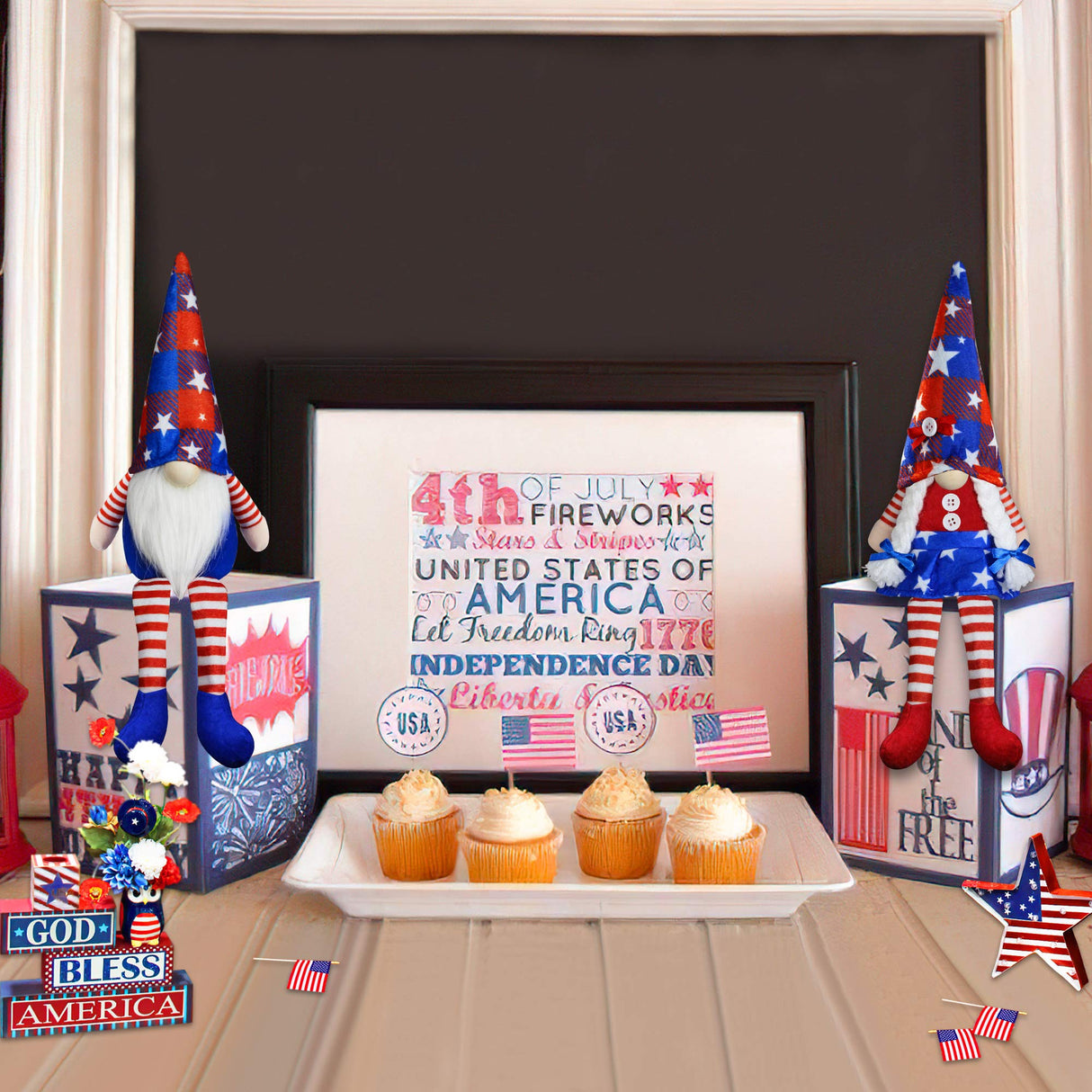 2Pcs 4th of July Patriotic Gnomes Plush Decorations - Mr & Mrs Handmade Swedish Tomte Gnomes Ornaments for Patriotic Party Table Decor- Fourth of July Party Home Mantle Fireplace Decor Partyprops