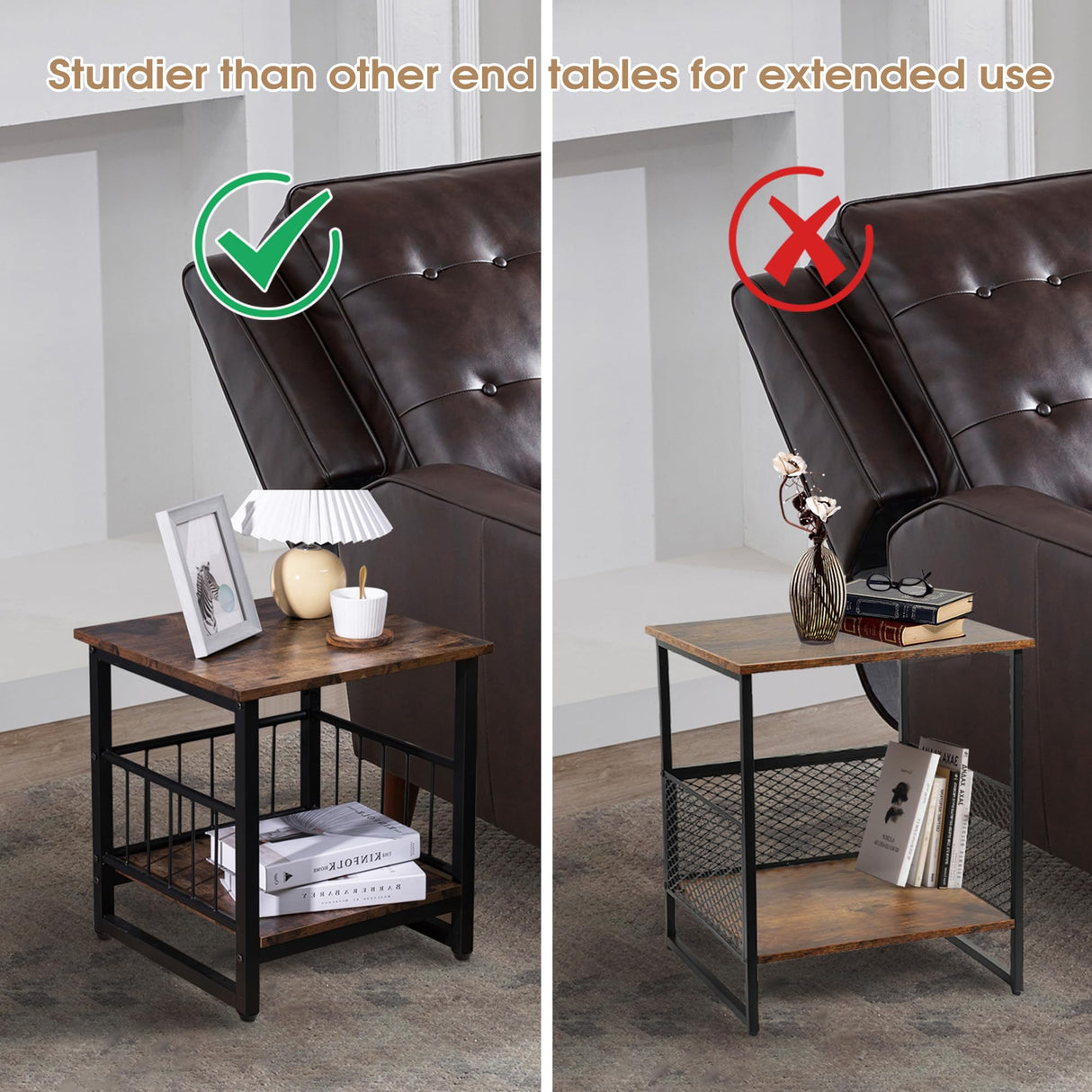 End Table, Industrial Side Table with 2-Tire Storage Shelf, 180LBS Mini Fridge Stand with Adjustable Feet, 18"x18" Wood Night Stand Small Bedside Table with Sturdy Metal Frame for Living Room Bedroom DHMAKER