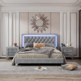 Elegant LED Velvet Platform Bed Frame with Tufted Headboard and Nightstands - 3-Piece Bedroom Set in Grey Merax