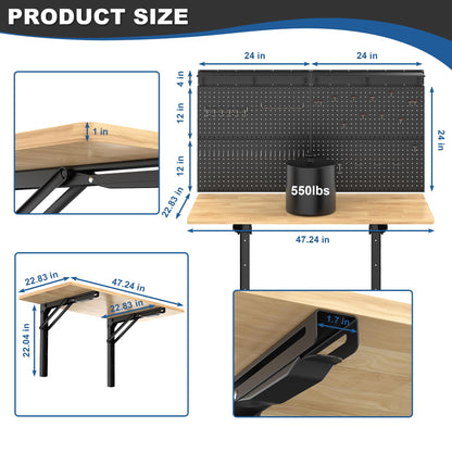 Ultrawall Wall Mounted Workbench with Pegboard, Folding Down Work Table Metal Pegboard Wall Organizer for Garage, Workshop, 48”X24” - WoodArtSupply