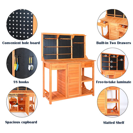 Agitree Outdoor Potting Bench with Double Doors,Drawer Garden Potting Table with Adjustable Shelf/Hooks,Wooden Potting Benches with Cabinet for Backyard,Patio.（45x49x14 inches Agitree