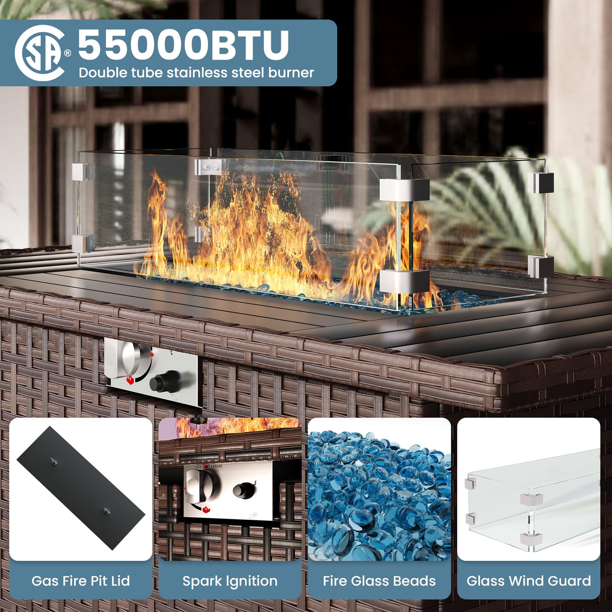 VONZOY 5 Piece Patio Furniture Set with Fire Pit Table, Outdoor Sectional Conversation Sets Brown Wicker Rattan Sectional Sofa for Patio Garden Backyard, 4'' Thickened Cushion Dark Grey VONZOY