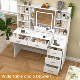 Quimoo 47" Vanity Desk with Sliding Lighted Mirror and Power Outlet, Makeup Vanity Desk with 5 Drawers and Cabinet, Hidden and Open Shelves, Vanity Table Set with 3 Color Lighting (White) Quimoo