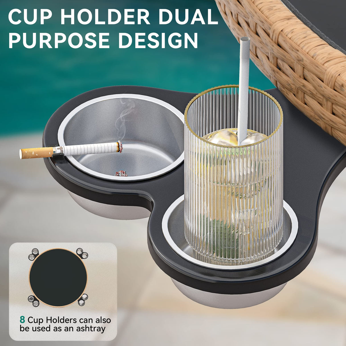 YITAHOME 5-Piece Outdoor Dining Set with Umbralle Hole, Rattan Patio Dinging Set for 4 with Cup Holders Soft Cushions and Glass Top Dining Table for Backyard Deck Bacony (Light Brown + Black) YITAHOME