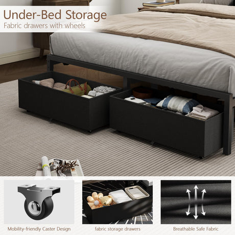 Furnulem Full Size Bed Frame with Headboard,Upholstered Bed Full with LED Light,USB Charging Station,Platform Bedframe with 2 Fabric Underbed Storage Drawers,No Spring Box Needed Furnulem