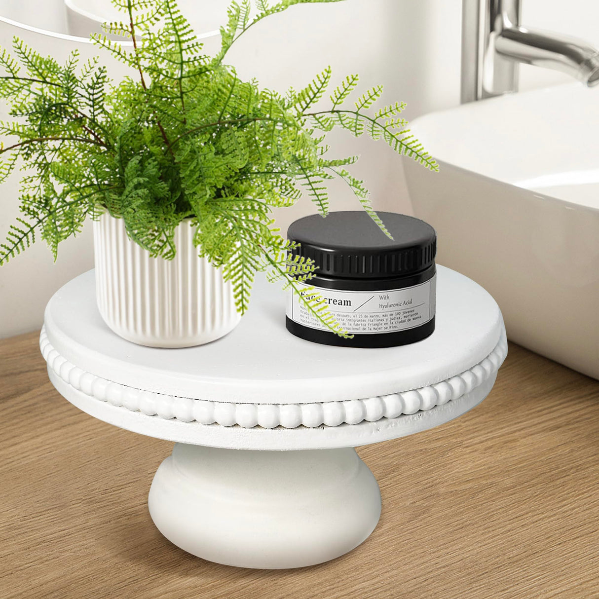 dwellington White Wash Display Wood Riser, 8.25inch Shabby Chic Pedestal Tray Decor with Beads, Farmhouse Display Stands for Coffee Bar, Bathroom, Kitchen Island (White) dwellington