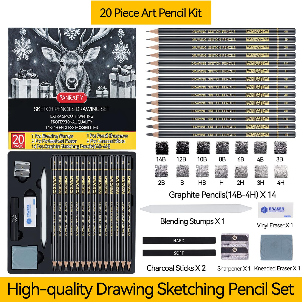 PANDAFLY 20-Piece Professional Sketch Pencil Set - Includes 4H to 14B Graphite Pencils, Charcoal Sticks, Vinyl Eraser, Kneaded Eraser, Sharpener, Blending Stump - Ideal for Artists and Beginners PANDAFLY