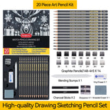 PANDAFLY 20-Piece Professional Sketch Pencil Set - Includes 4H to 14B Graphite Pencils, Charcoal Sticks, Vinyl Eraser, Kneaded Eraser, Sharpener, Blending Stump - Ideal for Artists and Beginners PANDAFLY