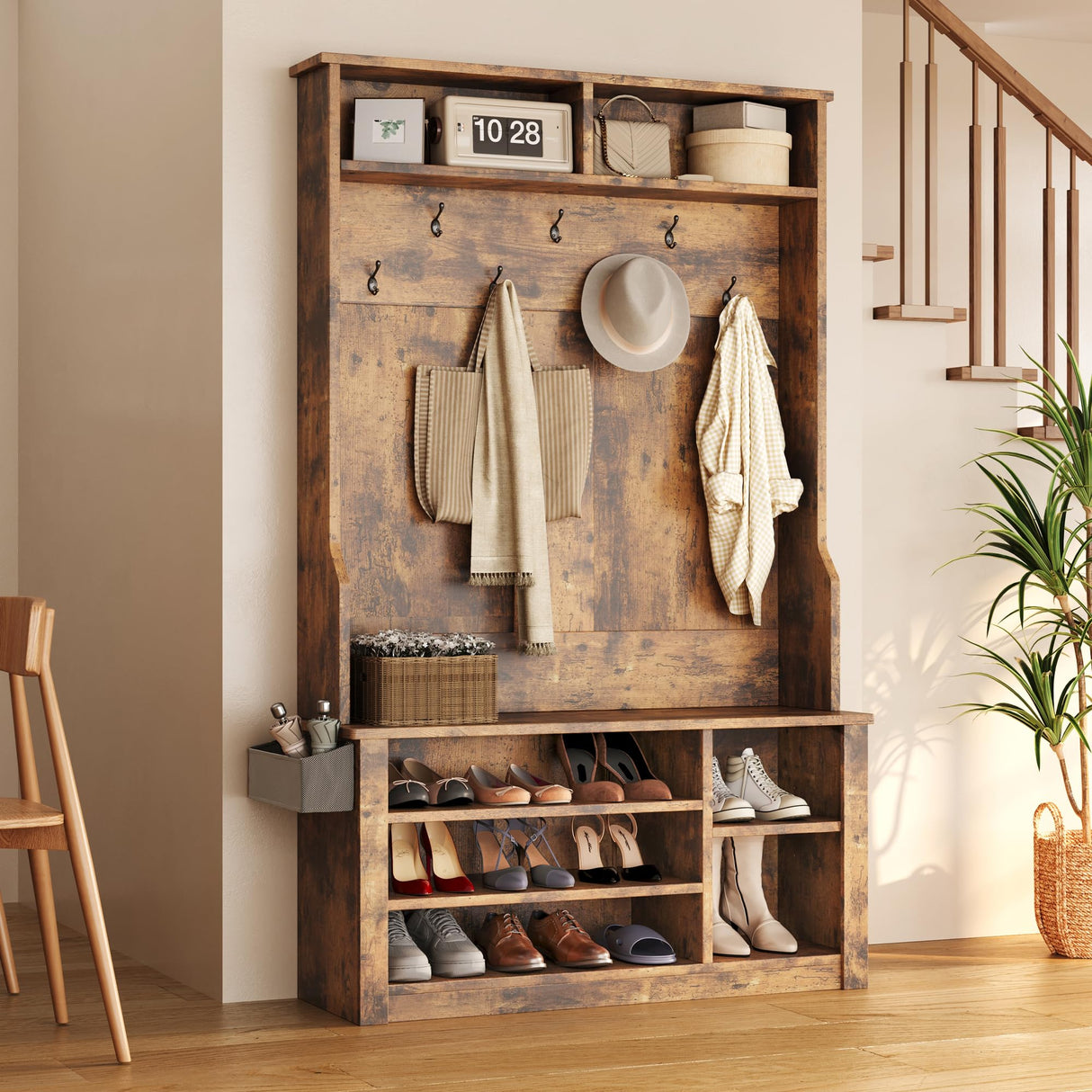 Aiho Entryway Hall Tree with Bench and Storage, 3-in-1 Hall Tree with Coat Rack, Adjustable Shoe Bench, 2-Tier top Storage, for Hallway, Entryway, Bedroom, Rustic Brown Aiho