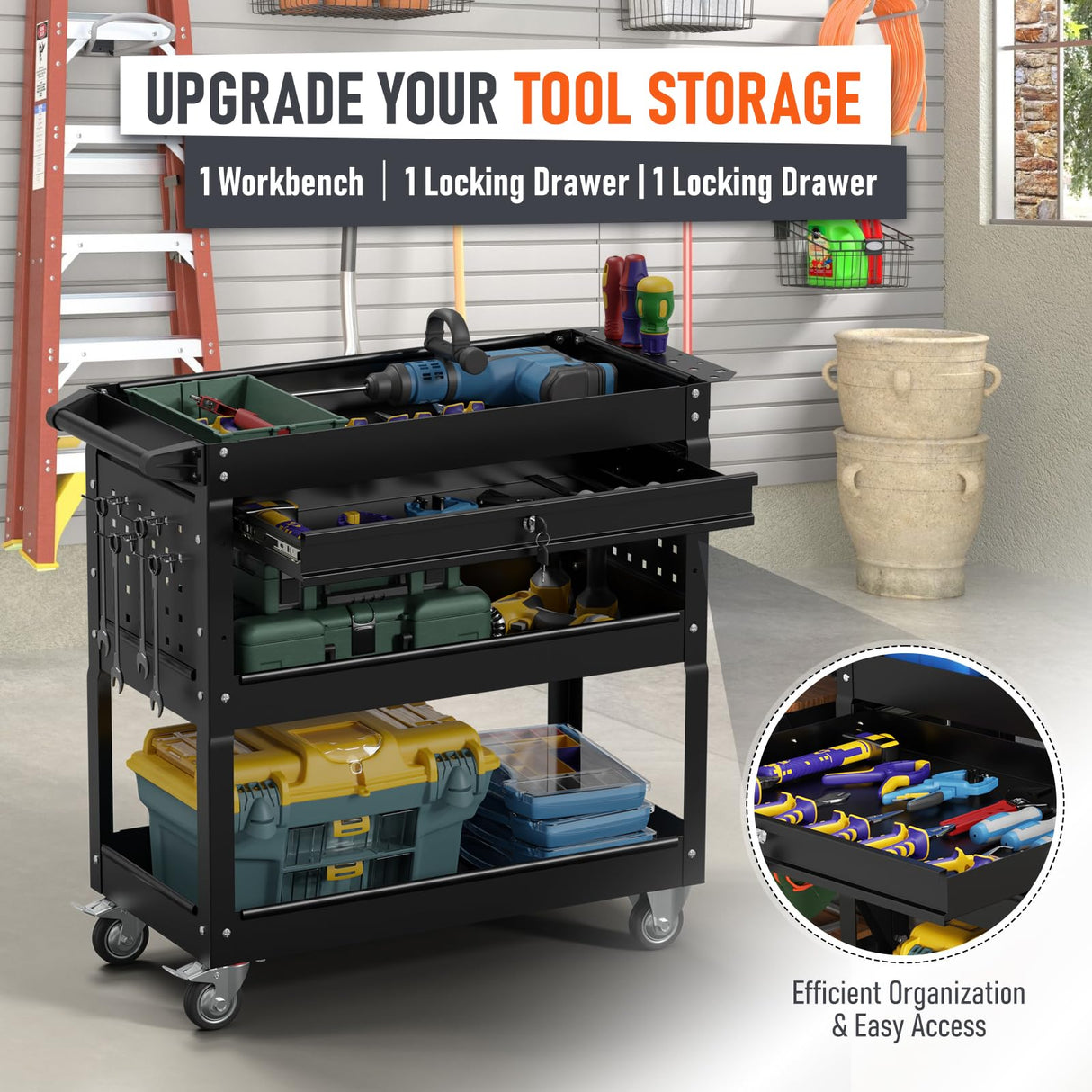 Kieperi 3 Tier Rolling Tool Cart, Rolling Tool Chest on Wheels for Mechanics,400 LBS Tool Cart with Drawers for Garage, Warehouse & Repair Shop (Black) Kieperi