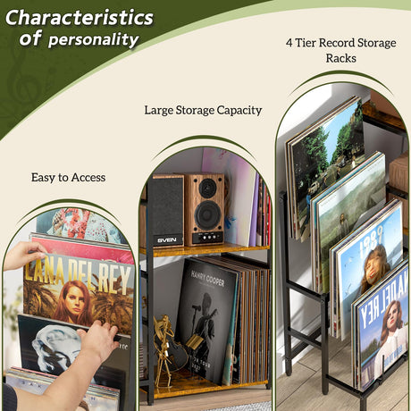 Record Player Stand, Turntable Stand with 4-Tier Vinyl Record Storage, Record Player Table Up to 200 Albums, End Table for Vinyl Records, Vinyl Record Stand for Living Room ThreeHio