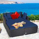 Tangkula Outdoor Rattan Daybed, Sunbed Wicker Furniture w/Spacious Seat, Upholstered Cushion & High-Resilience Sponge, Wicker Patio Sofa Set w/Extra Pillows for Courtyard Poolside (Navy) Tangkula