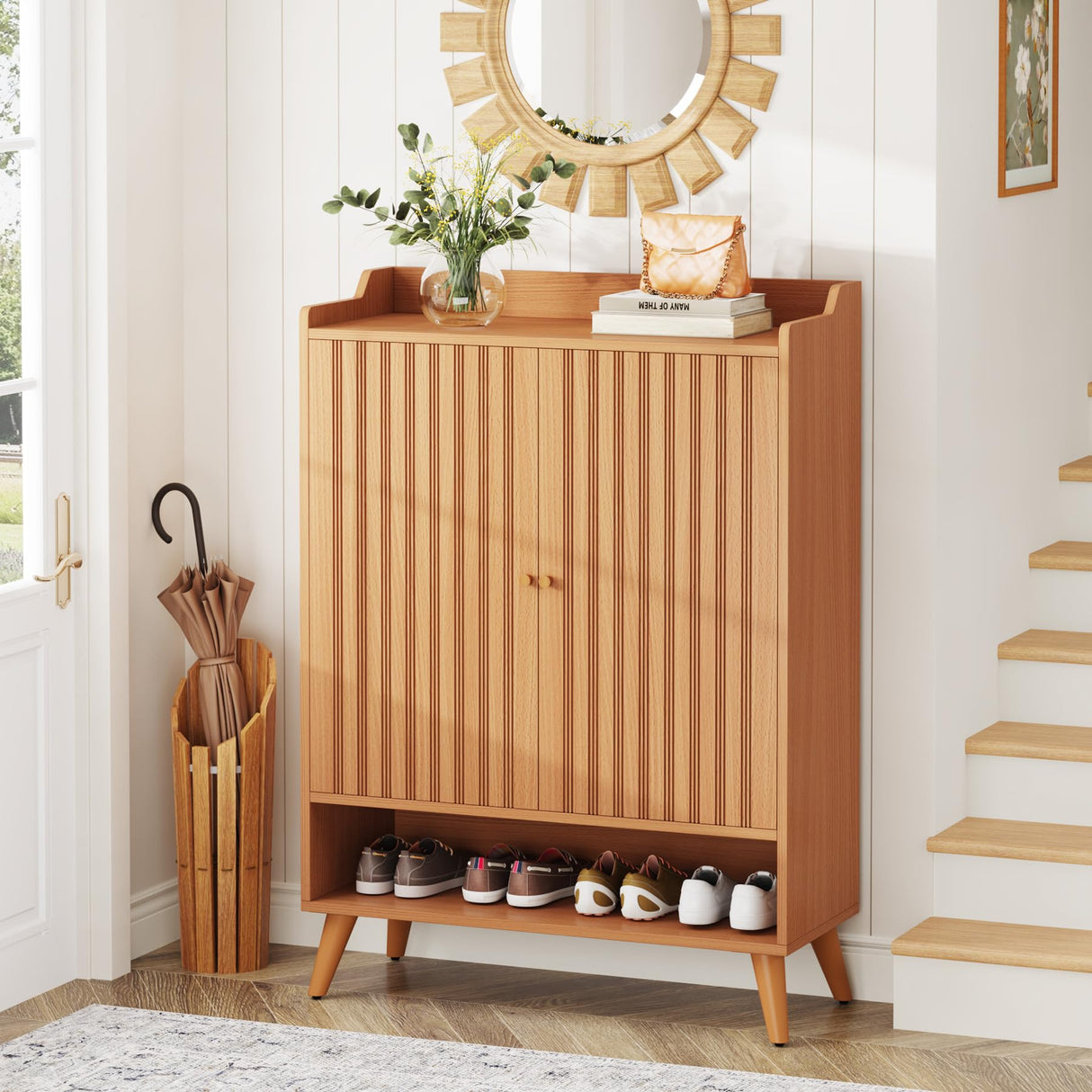 Tribesigns Shoe Cabinet with Doors, Entryway Shoe Storage Cabinet with Adjustable Shelves and Open Shelf, Wooden Hidden Shoe Organizer Cabinet Tribesigns