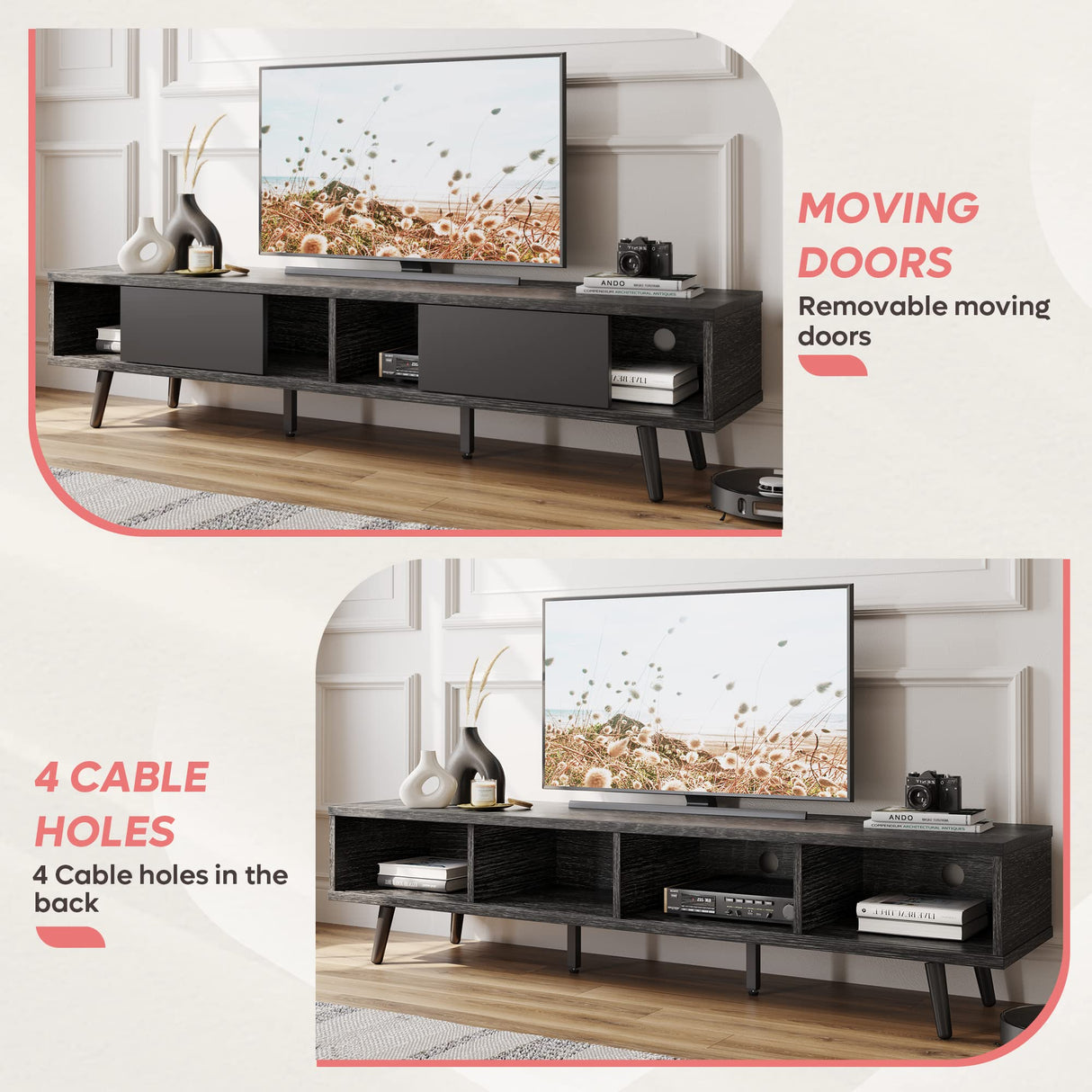 Bestier 70 inch Mid Century Modern Entertainment Center for 75 inch Display, Low Profile with Storage, for Living Room, Cord Management, Black Ash Bestier