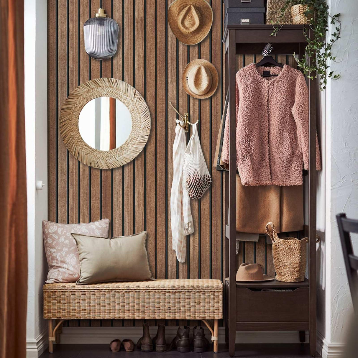 Abyssaly Wood Slat Wallpaper Peel and Stick, Brown Striped Wood Grain Contact Paper, Removable Self Adhesive Faux Wood Panel Wall Covering for Cabinets and Drawers 17.71 in X 118 in Abyssaly