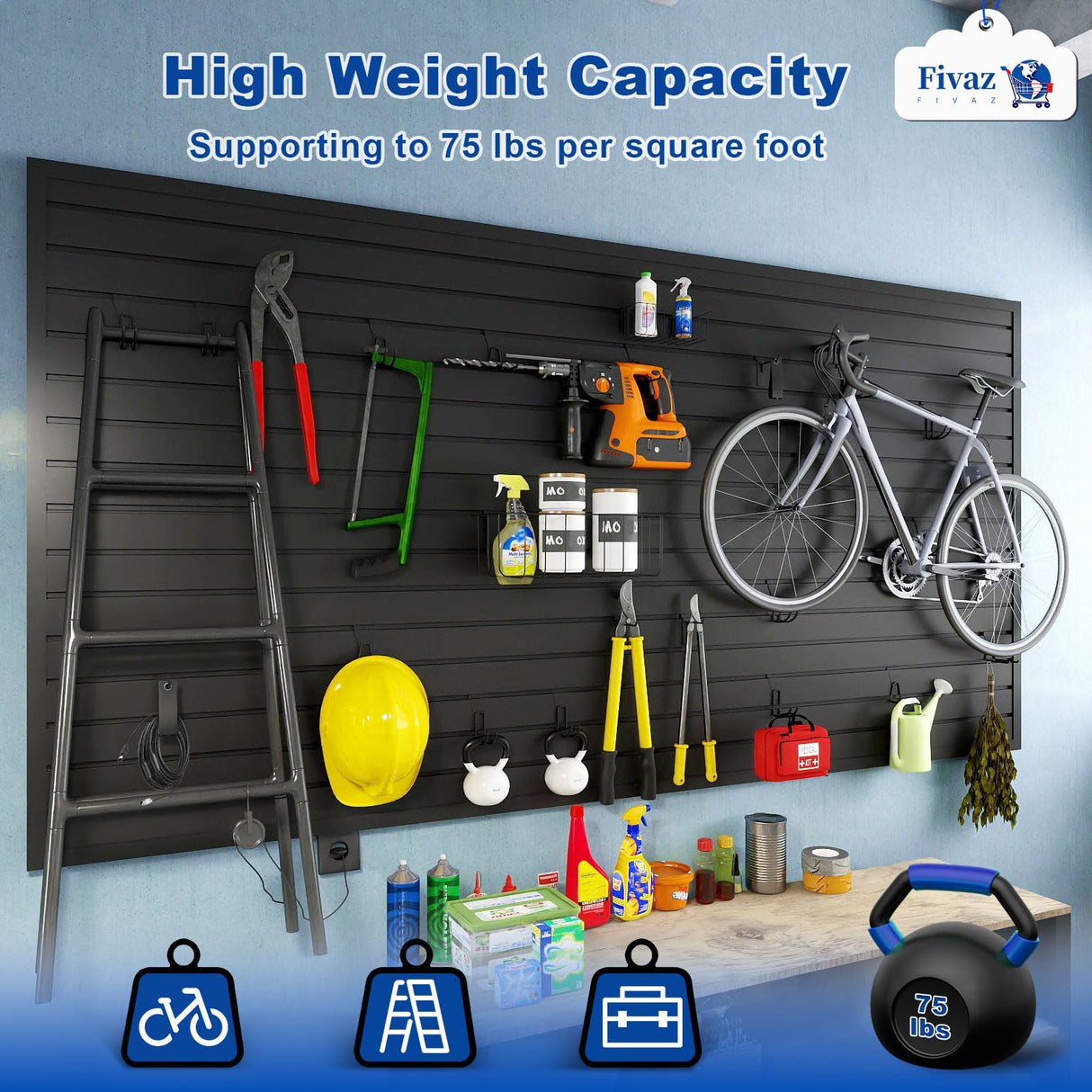 4'x8' PVC Slat Wall Paneling, High Load Capacity Slatwall Panel, Cuttable & Moisture-Proof & Flame Retardant, Heavy Duty Black Garage Slatwall Panes Storage Systems for Garage Workshop Storage Fivaz