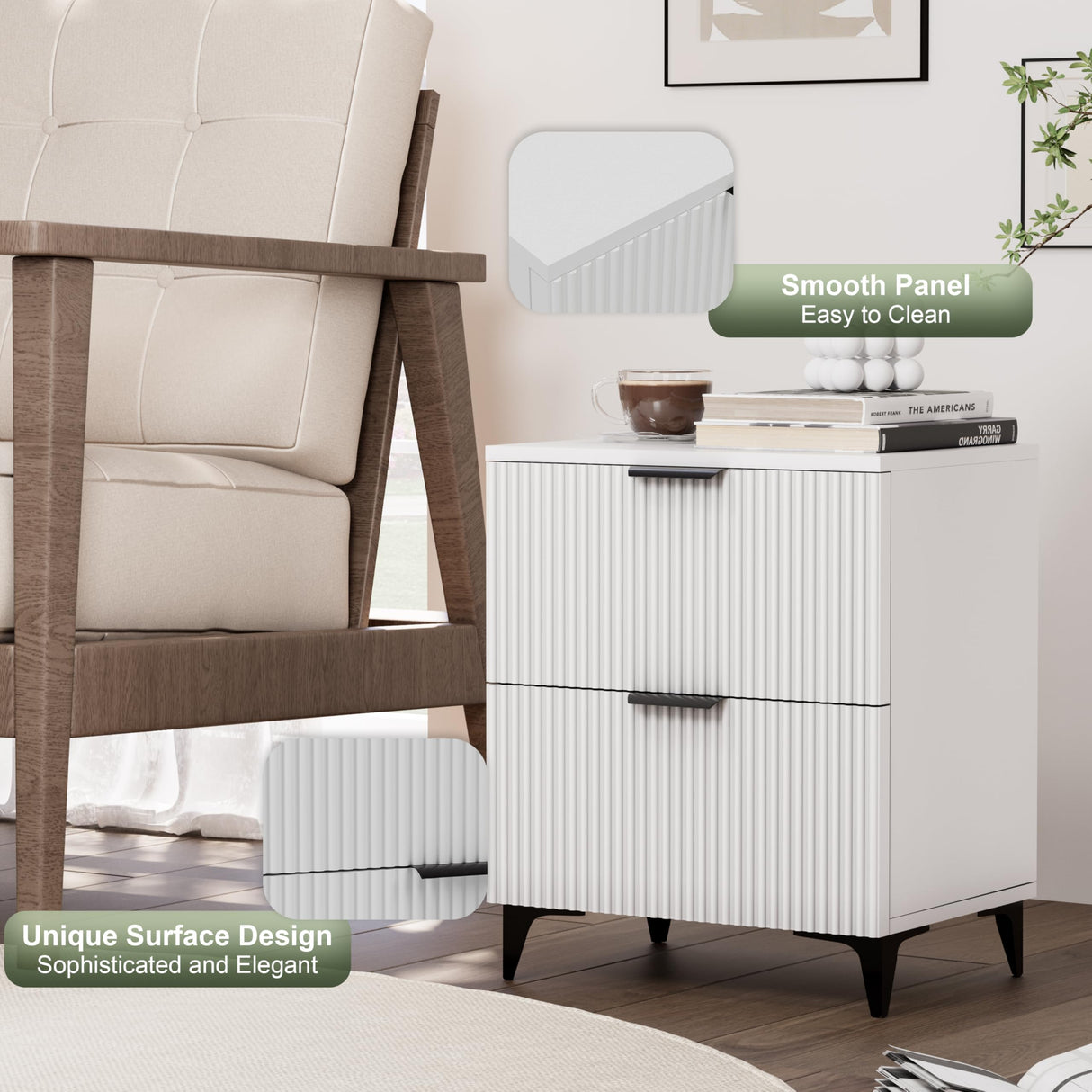 Royal Windsor Fluted Nightstand Set of 2 with 2 Drawers, Side End Table, Small Accent Storage Cabinet,Modern Night Stand Bedside Table for Bedroom,White Royal Windsor