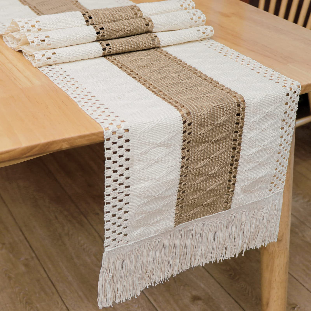 OurWarm Macrame Table Runner Farmhouse Style, Natural Burlap Boho Table Runner Modern Farmhouse Decor Rustic Woven Cotton Crochet Lace for Bohemian, Rustic,Bridal, Shower Wedding, Dinner, 72" x 12" OurWarm