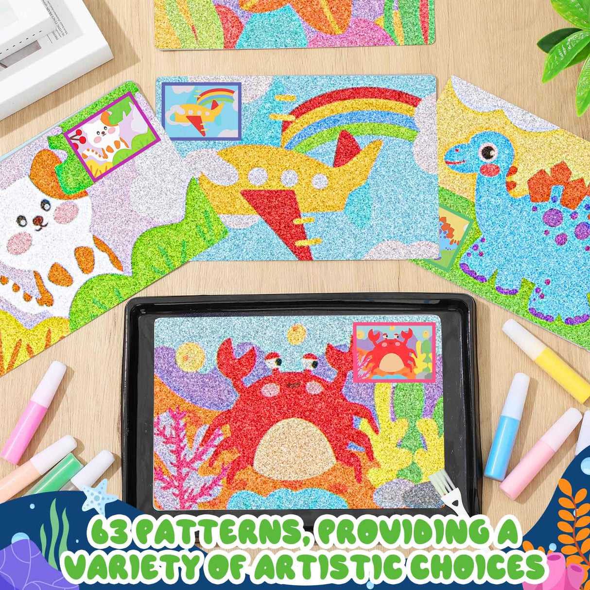 Tenceur 119 Pcs Kids' Sand Art Kits Сolor Sand Art Pictures Peel and Stick 12 Color 32 Pcs Sand Painting Board 2 Sand Painting Tray 2 Brush 24 Bottles for Kids Tenceur