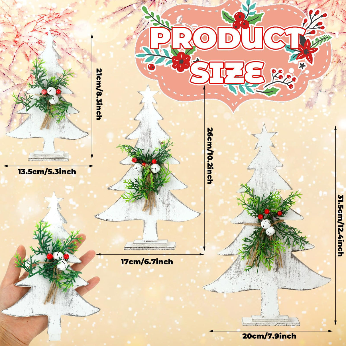 3 Pcs Wooden Christmas Tree Tabletop Decoration Farmhouse Wood Christmas Trees Christmas Centerpieces Rustic Sanding Freestanding Table with Star Berry Bells Pine Xmas Centerpiece for Home Kitchen Soaoo