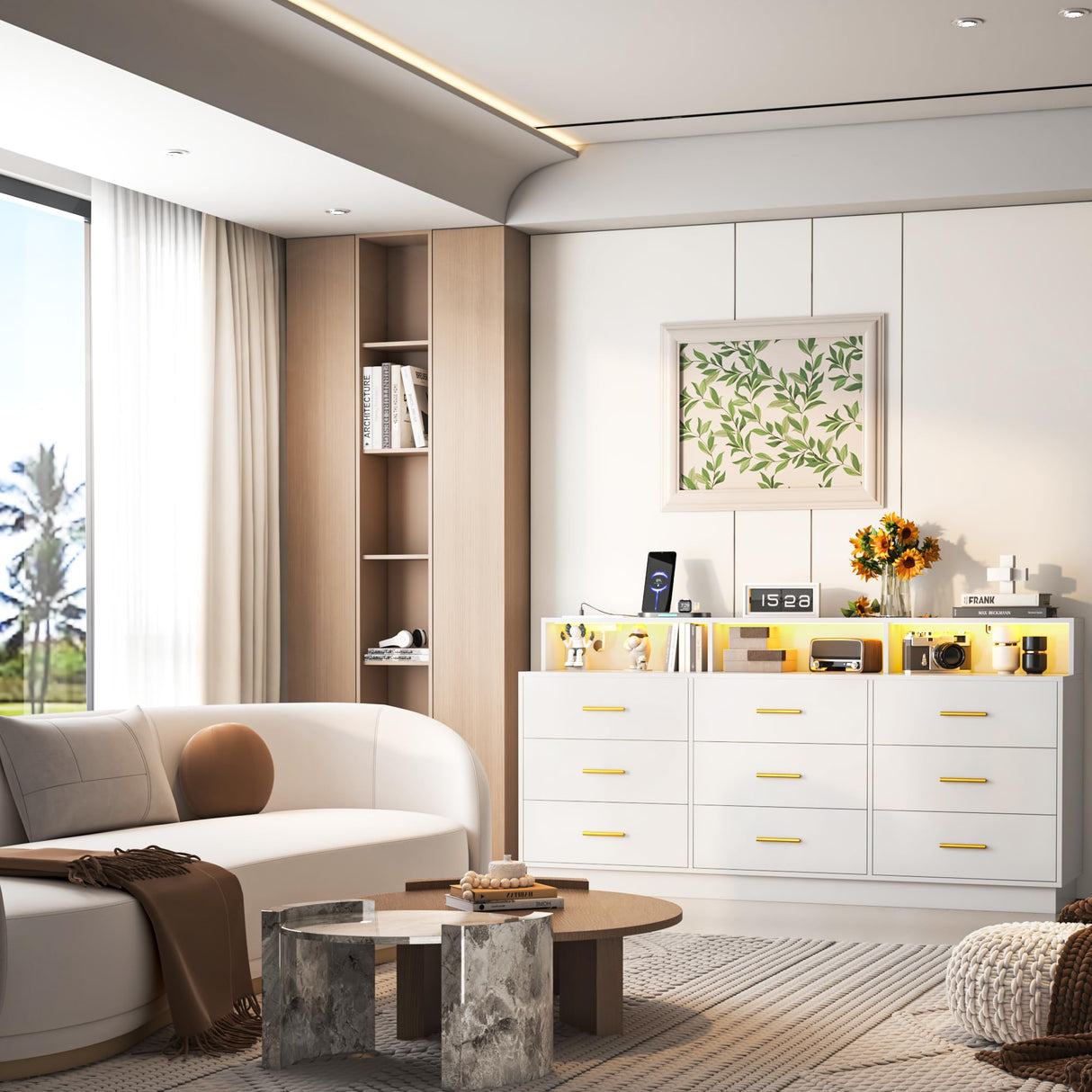 knoworld White 9 Drawer Dressers for Bedroom, Modern Large Dresser with LED Light and Power Outlet, Wooden Long Dresser, Triple Dresser for Bedroom, Living Room, Entryway, Hallway knoworld