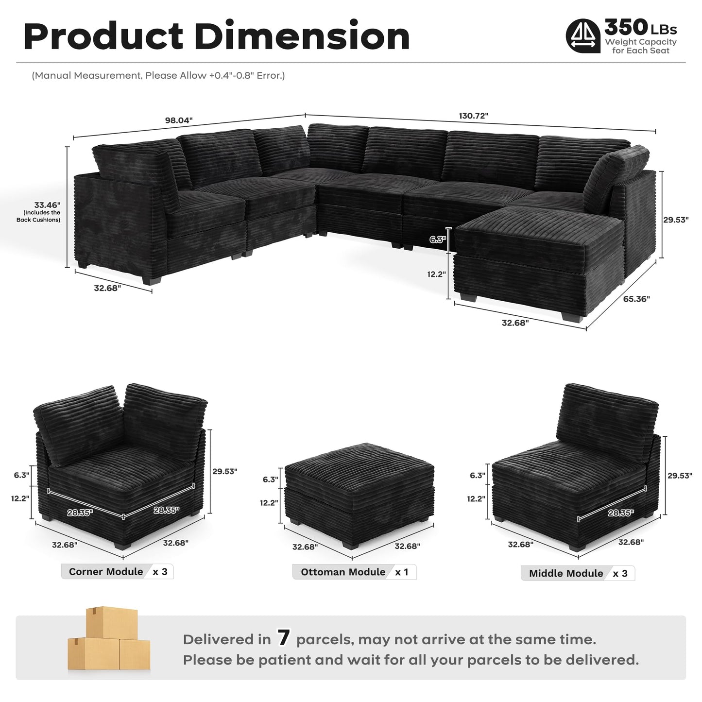 ovios 130.7" Modular Sectional Sofa Couch, U-Shaped Minimalist Couches with Sofa Bed Chaise, Modern Deep Seat Cloud Plush Corduroy Sofas Set for Living Room, 7 Seat, Black