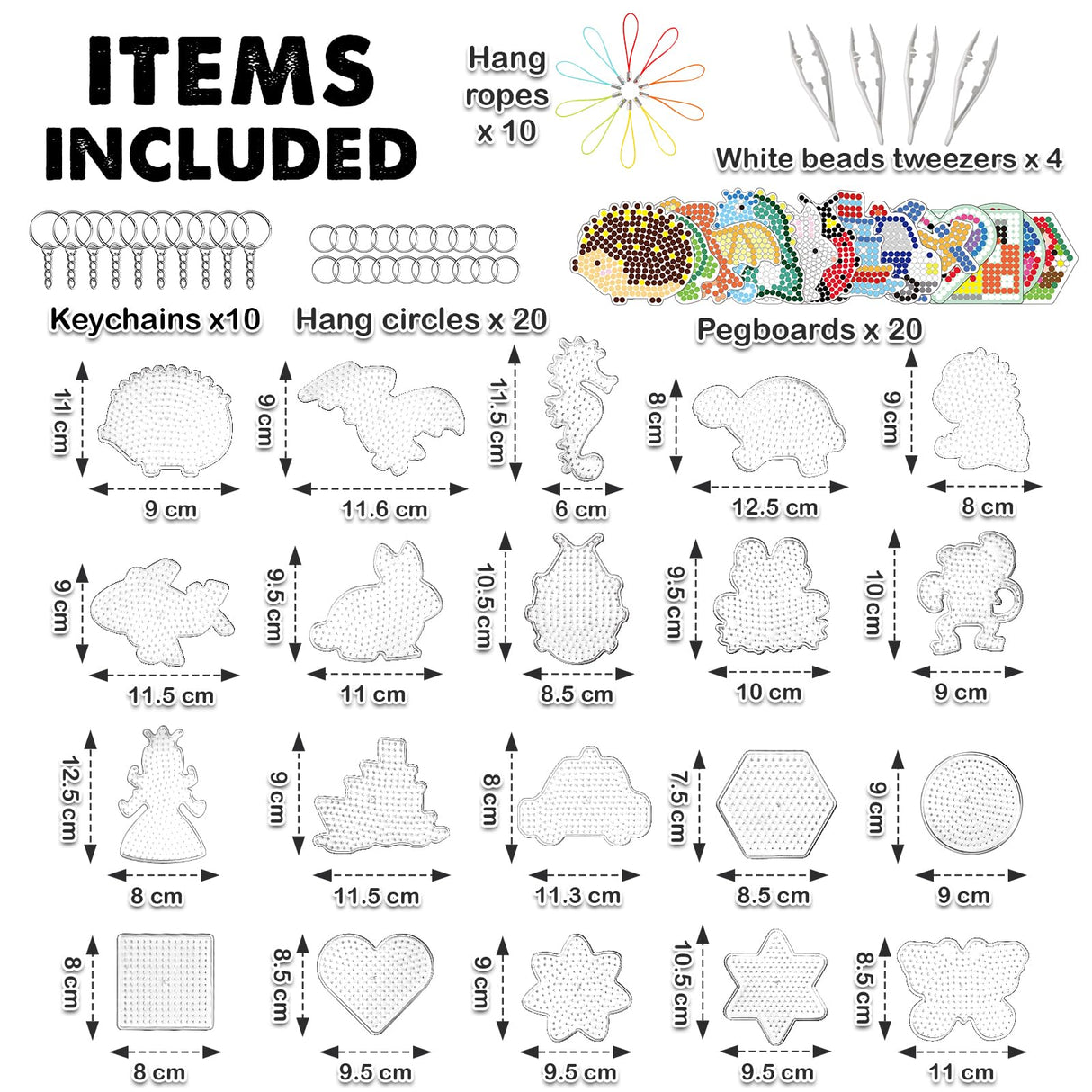 FUNZBO 20 pcs Pegboards for 5mm Fuse Beads Project- Animal Shape Pegboards for Arts and Crafts with Keychains, Hang Ropes and Beads Tweezers, Fuse Beads Gifts for Boys and Girls (Beads Not Included) FUNZBO