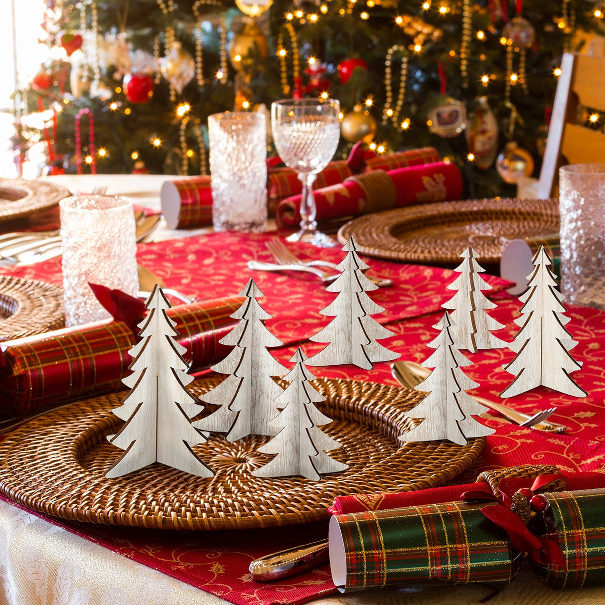 18 Pieces Wooden Christmas Tree Crafts 3D Natural Cutouts Rustic Wood Christmas Tree Decorations Decorative Wood Home Table Decors for Holidays Parties Anniversaries Decorations Marsui