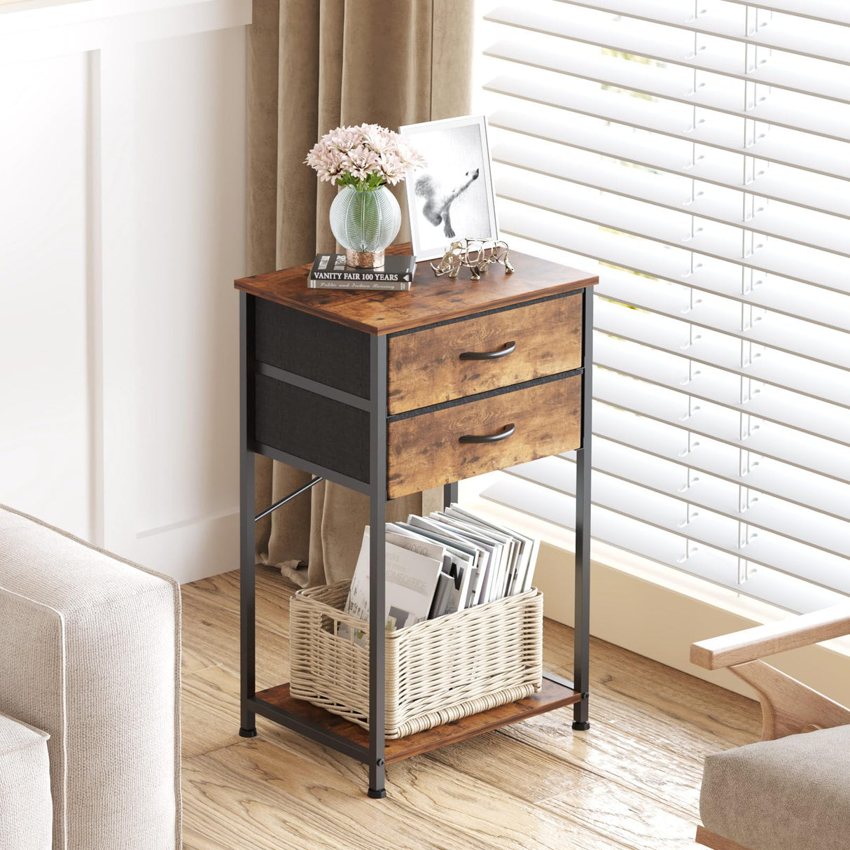 VonDream Nightstands Set of 2, End Table with Fabric Storage Drawer and Open Wood Shelf, Bedside Furniture with Steel Frame, Side Table for Bedroom, VonDream