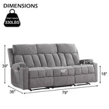 CANMOV Manual Fabric Reclining 3 Seat Sofa Couch with 2 Cup Holders, 3 Seater Recliner Sofa Couch with Armrest and Pockets for Living Room, Bedroom Furniture, Gray CANMOV
