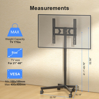 XINLEI Mobile TV Stand with Wheels for Most 21-60 Inch Flat/Curved Screens TVs, Height Adjustable Rolling TV Cart with Shelf, up to 77 lbs, Max VESA 400x400, ML55SE