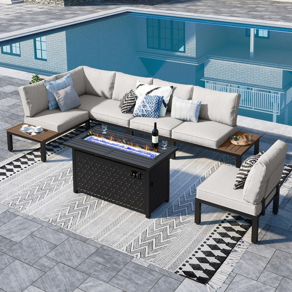 Sophia & William 6 Pieces Patio Furniture Set with 45" Fire Pit Table, Metal Outdoor Sectional Sofa Set -2 x Single Couch with Side Table,2 x Single Sofa,1 x Loveseat,1 x Propane Fire Pit Sophia & William