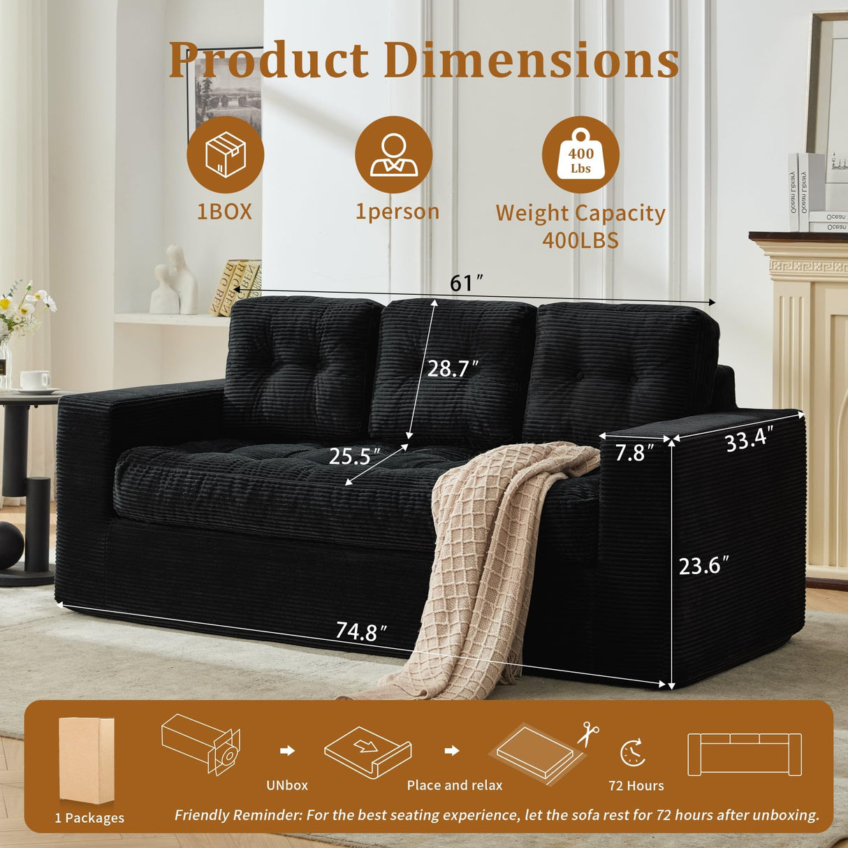 Korser 74" Boneless Couches for Living Room, Modern 3 Seater Sofa with Deep Seat, Comfy Cloud Sofa with Corduroy Fabric, No Assembly Couch, Bean Bag Couch for Bedroom, Dorm, Apartment, Black Korser