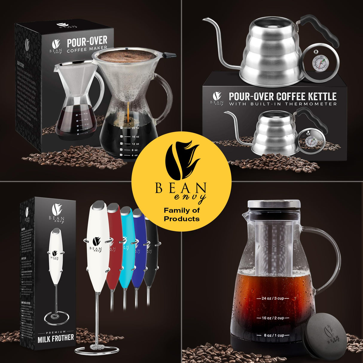 Bean Envy Milk Frother Handheld for Coffee - Electric Hand Blender, Mini Drink Mixer Whisk & Coffee Foamer Wand with Stand for Lattes, Cappuccino, Matcha and Hot Chocolate - Kitchen Gifts - Black Bean Envy