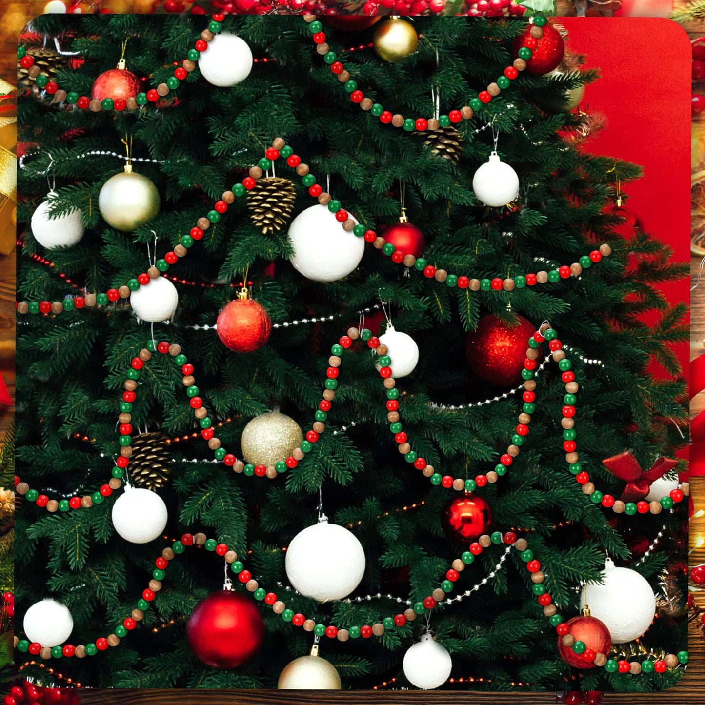 16 Feet Christmas Wooden Bead Garland Christmas Wood Red and Green Bead Garland Decor Xmas Candy Cane Decoration Farmhouse Rustic Bead Tree Decoration for Holiday Party