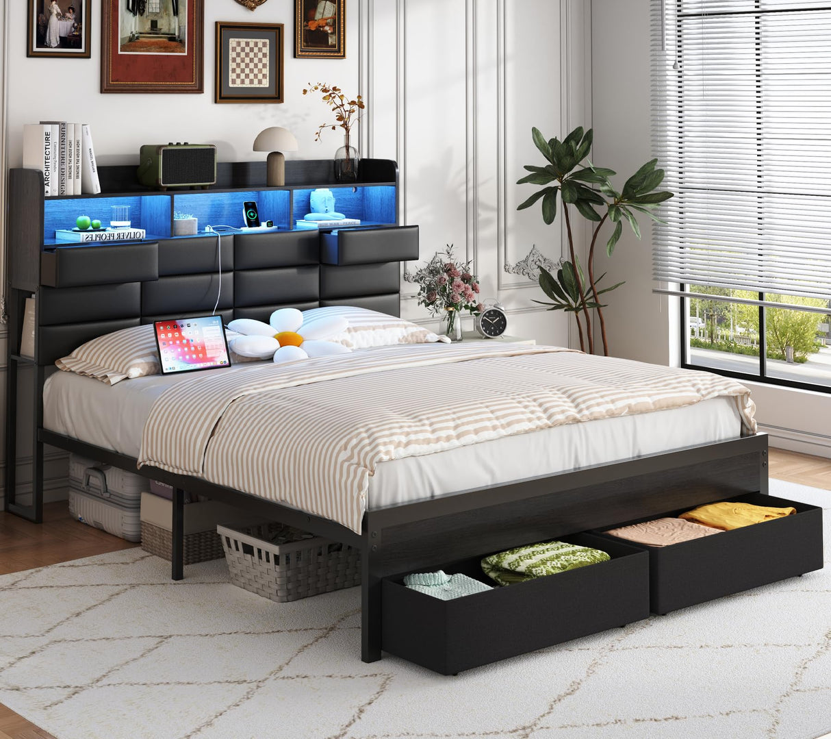 Etditrnp Queen Bed Frame with Storage Headboard, Upholstered Black Bed Frame with 4 Drawers, LED Lights, and Charging Station, Heavy-Duty Metal Slats Support, Noise-Free Etditrnp