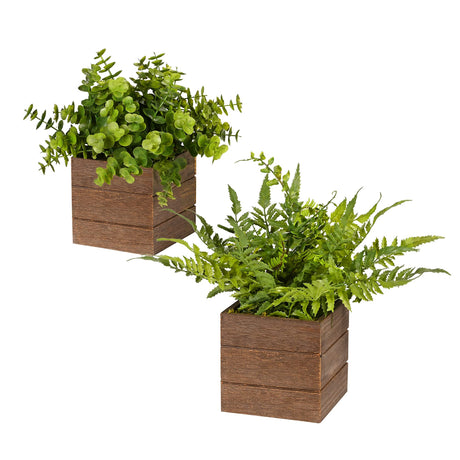 Vlorart Small Fake Plants, 2Pack Mini Potted Artificial Plastic Boxwood Fern Green Decorative Plant in Wooden Potted, Fake Desk Plant for Farmhouse Home Decor Office Bathroom Desk Room Indoor Outdoor Vlorart