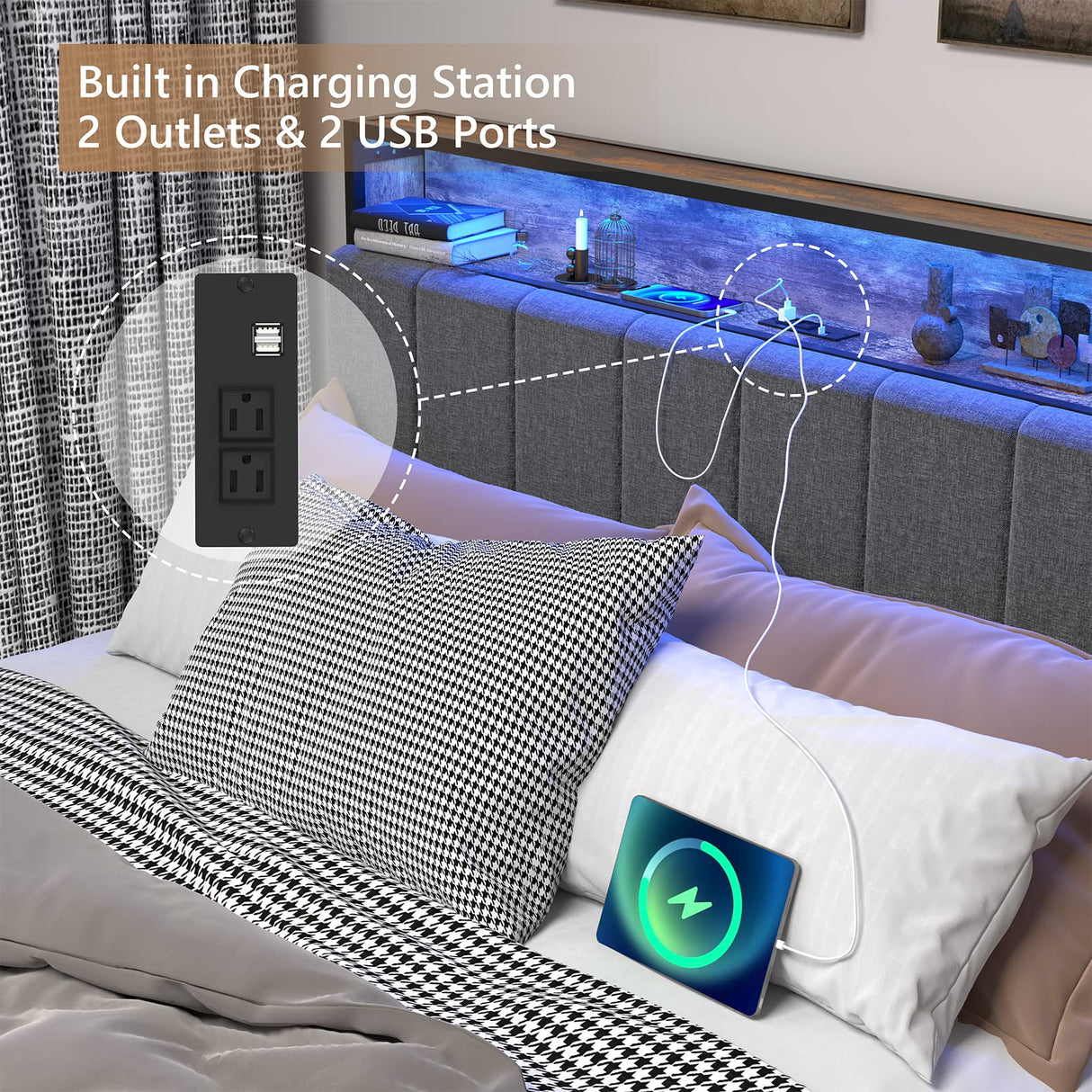 Meitewei Queen Bed Frame with Hidden Storage Headboard and 2 Drawers, LED Bed Frame with Charging Station, Metal Platform Bed Frame, No Box Spring Needed, Vintage Brown Meitewei