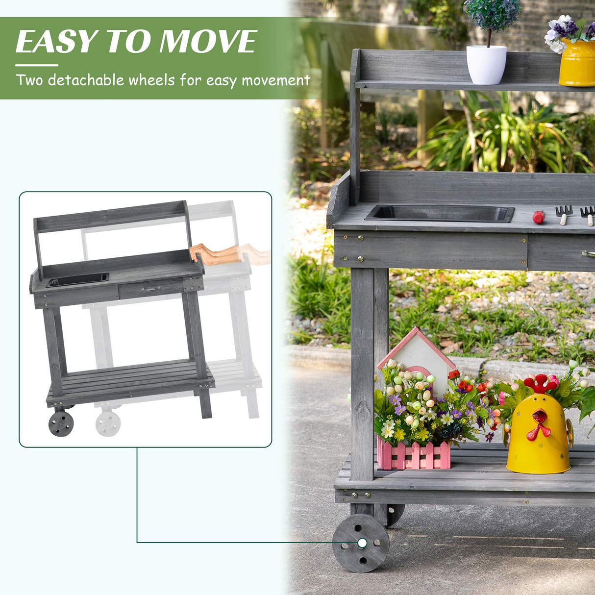 Outsunny 36'' Wooden Potting Bench Work Table with 2 Removable Wheels, Sink, Drawer & Large Storage Spaces, Gray Outsunny