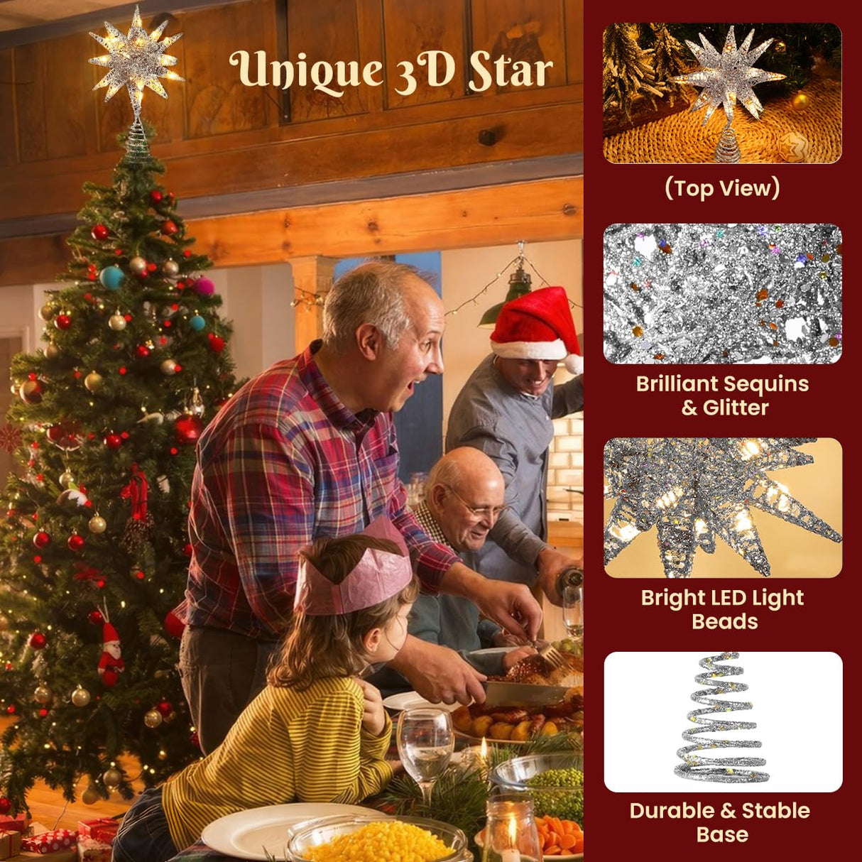 Luxspire Christmas Tree Topper, 3D Star Lighted Tree Topper, Christmas Decorations, Plug in Christmas Tree Topper with Timer, Silver Luxspire