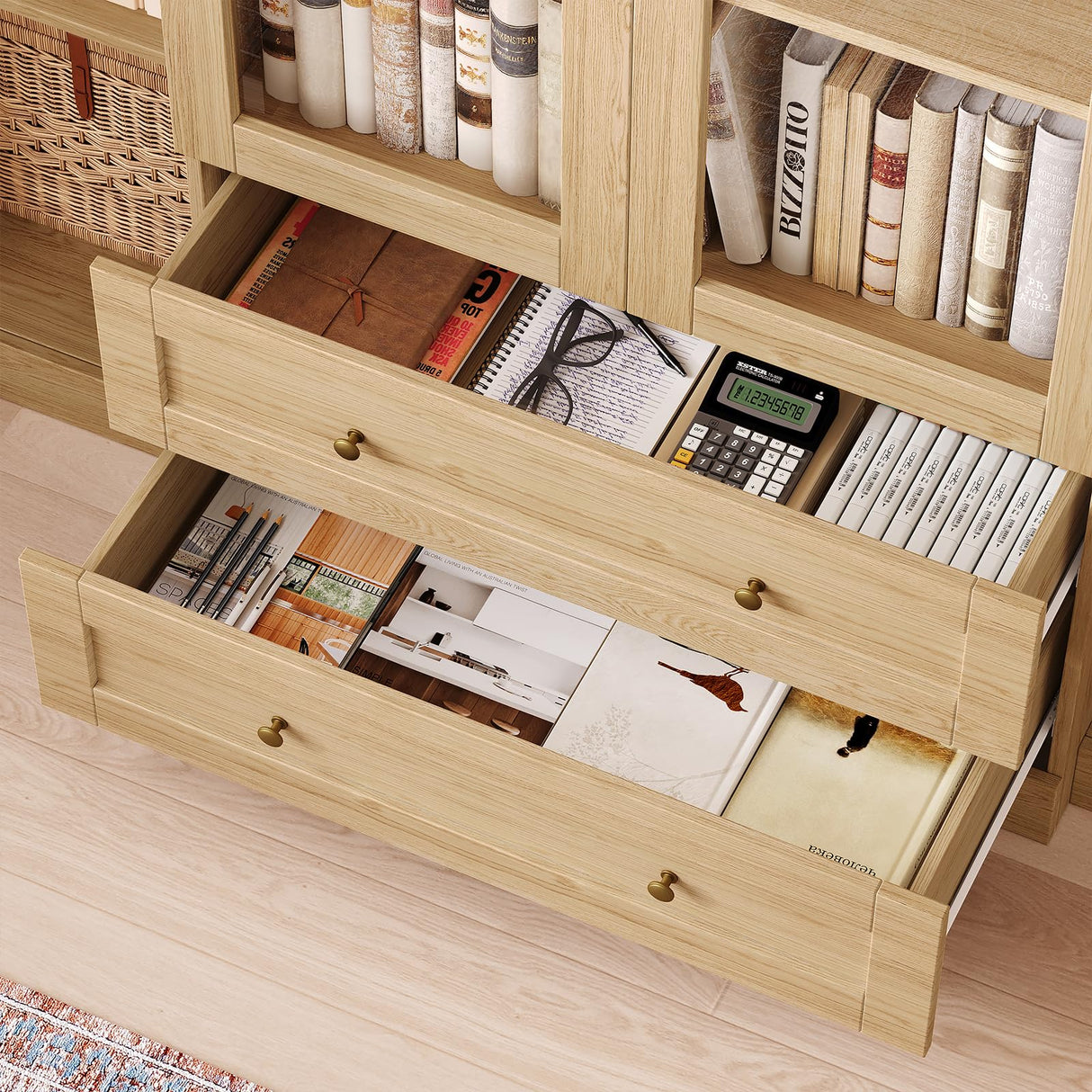 UKAOCAI 72.4" Tall Farmhouse Display Cabinet with Glass Doors,Large Wood Bookshelf with 2 Drawers & Adjustable Shelves,Arched Kitchen Pantry,for Living Room, Dining Room, Kitchen UKAOCAI